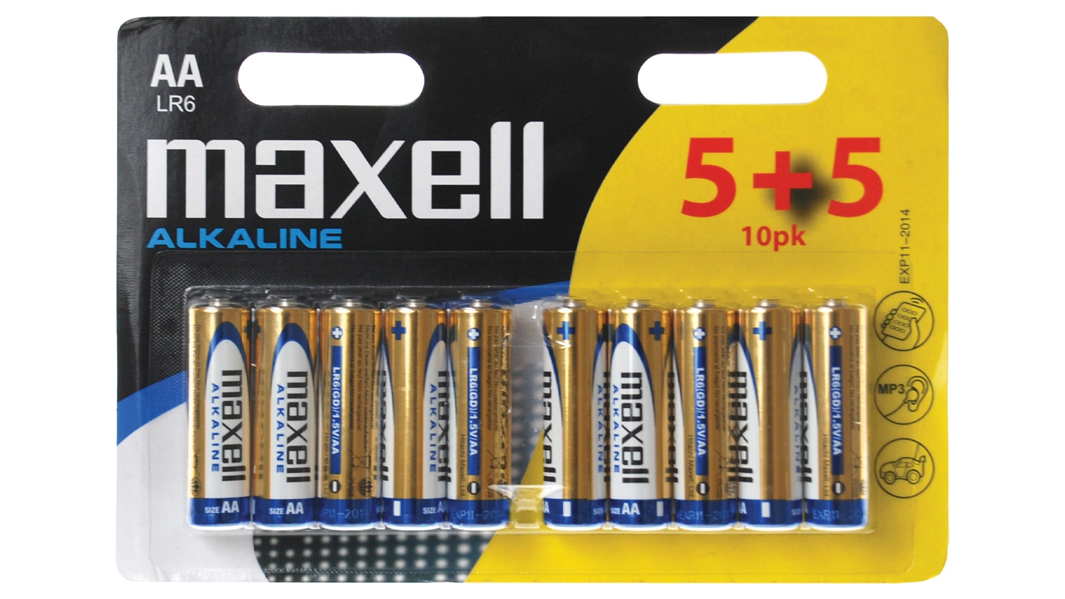 Baterie AA Maxell LR6 10BP Gold 10 ks na b&iacute;l&eacute;m pozad&iacute; s viditeln&yacute;m balen&iacute;m a designem bateri&iacute;