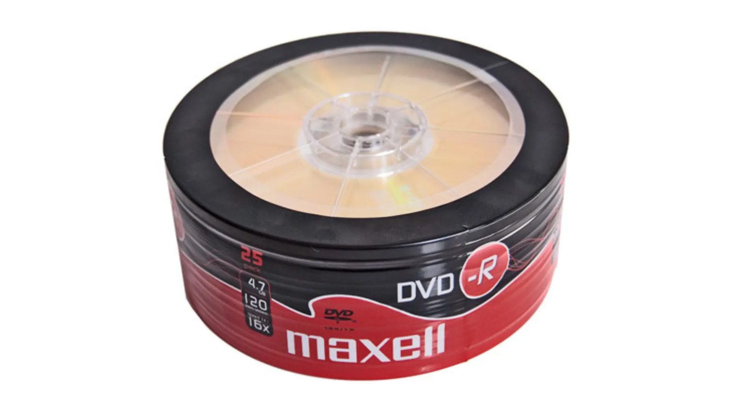 Zapisovateľn&eacute; DVD Maxell DVD-R 4,7GB 16x 25 ks spindl na bielom pozad&iacute; zobrazuj&uacute;ce kompletn&eacute; balenie