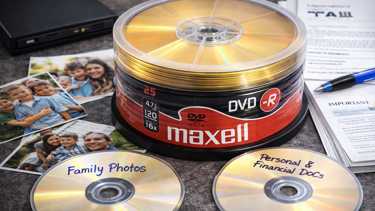 Zapisovateľn&eacute; DVD Maxell DVD-R 4,7GB 16x 25 ks spindl s uk&aacute;žkou archiv&aacute;cie rodinn&yacute;ch fotografi&iacute; a d&ocirc;ležit&yacute;ch dokumentov