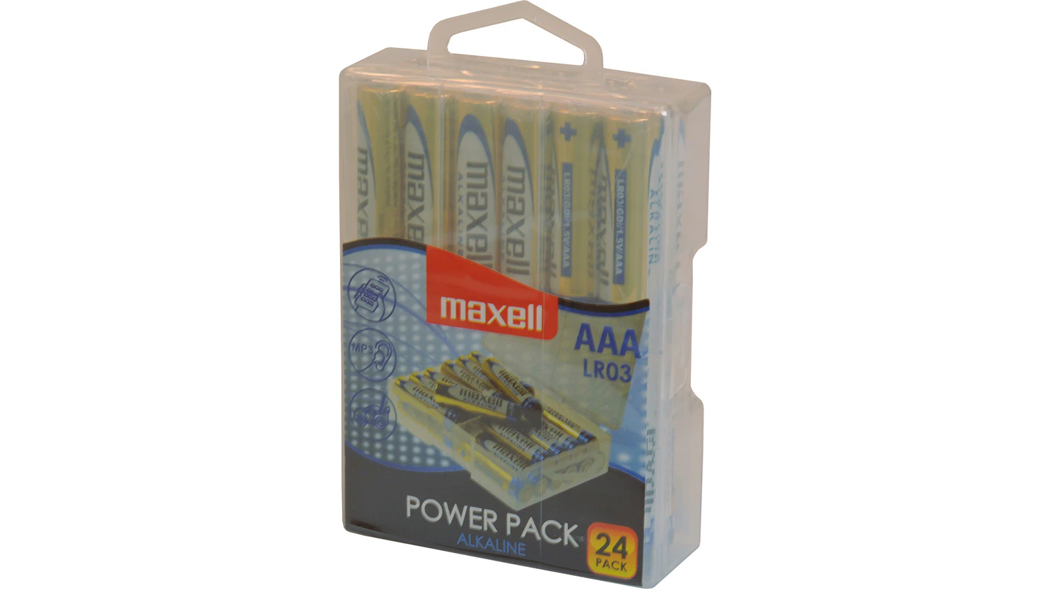 Bat&eacute;rie Maxell LR03 24BP na bielom pozad&iacute; zobrazuj&uacute;ce celkov&yacute; dizajn