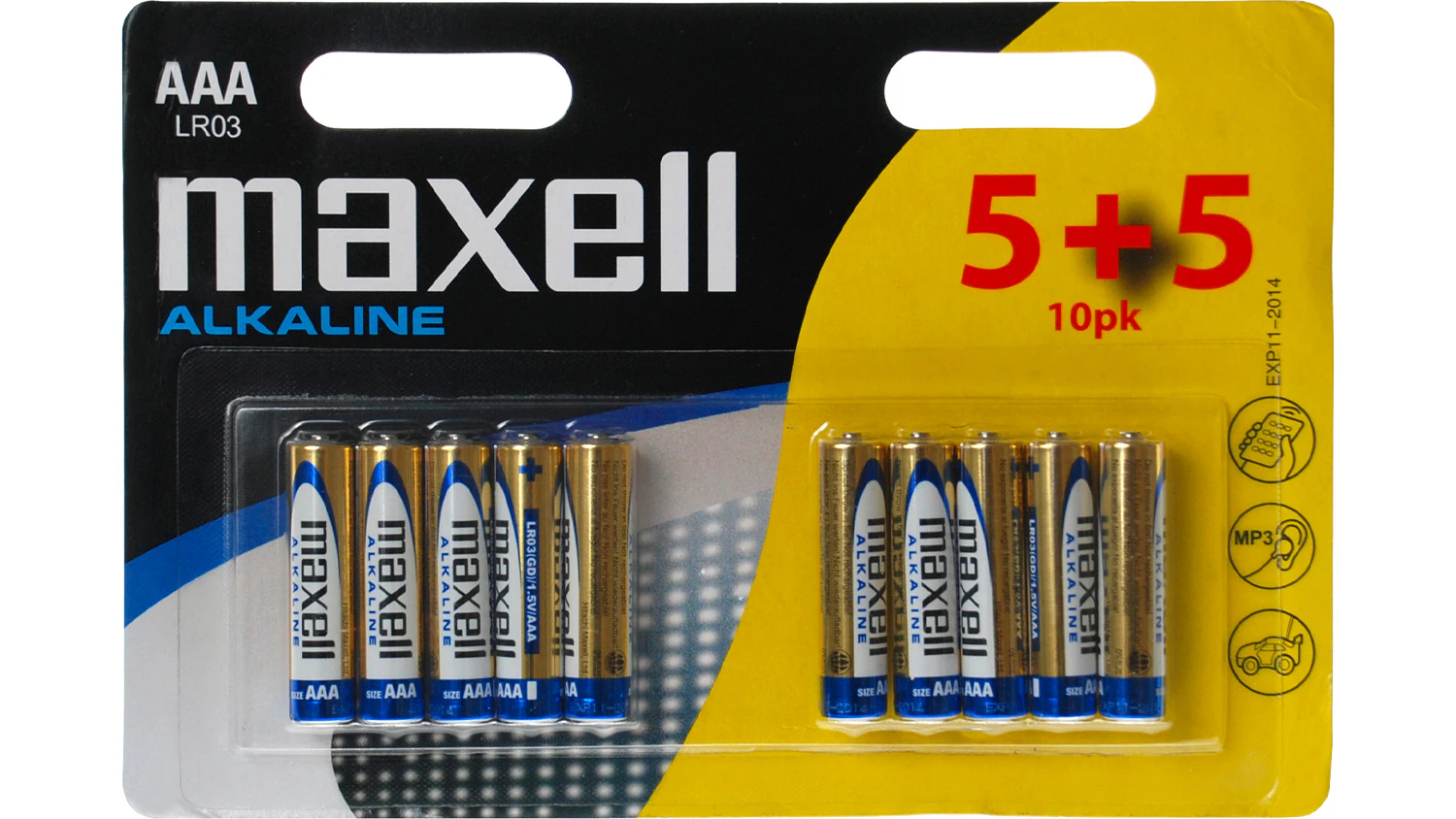 AAA alkalick&eacute; bat&eacute;rie Maxell LR03 10BP na bielom pozad&iacute; zobrazuj&uacute;ce kompletn&eacute; balenie 10 kusov