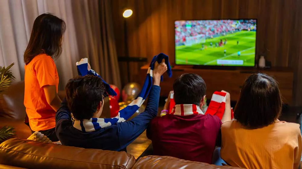 Skupinka př&aacute;tel sleduje fotbalov&yacute; z&aacute;pas v televizi_03