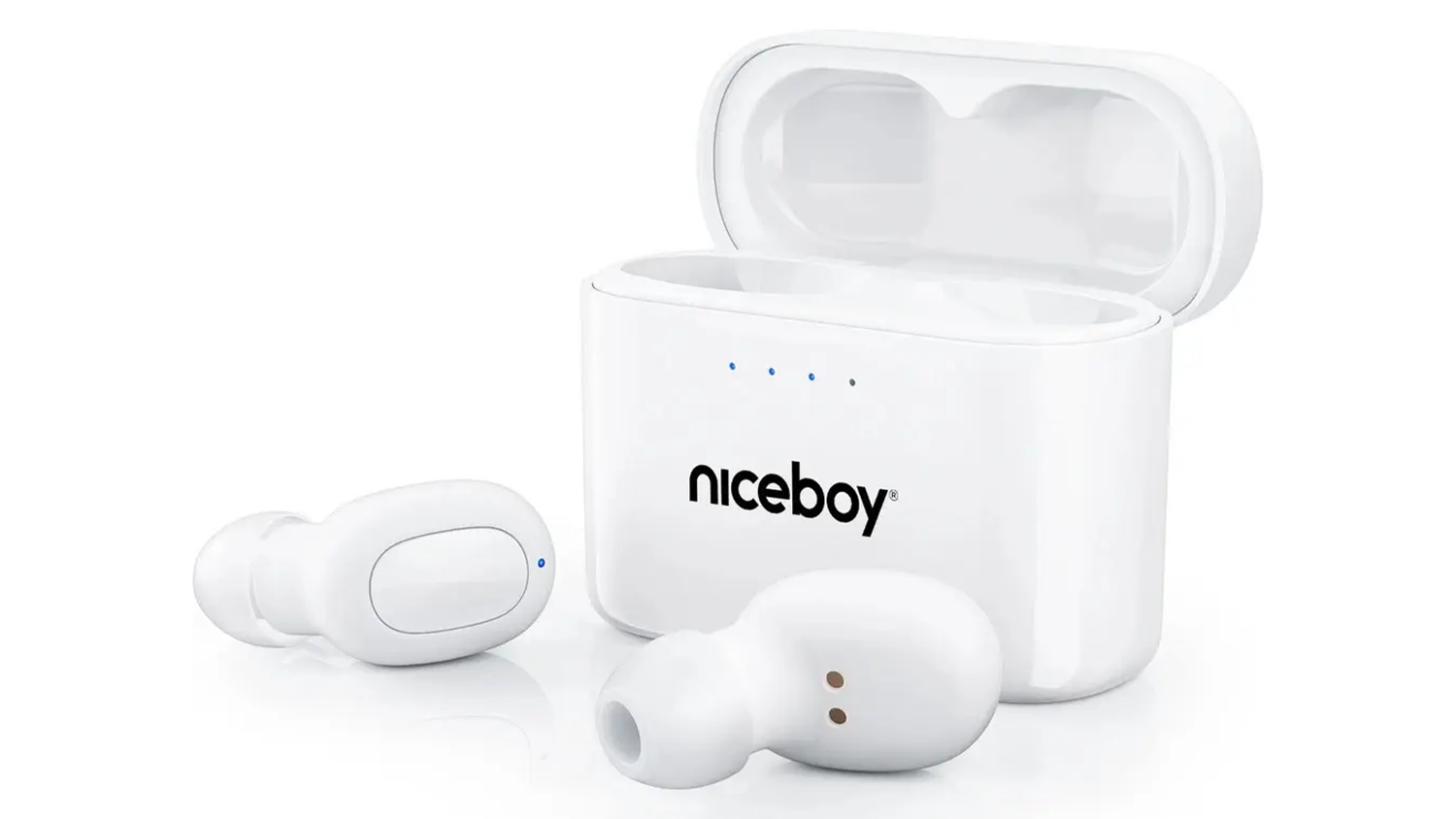 Bezdrôtové slúchadlá Niceboy HIVE Podsie 4 White detail slúchadiel a puzdra