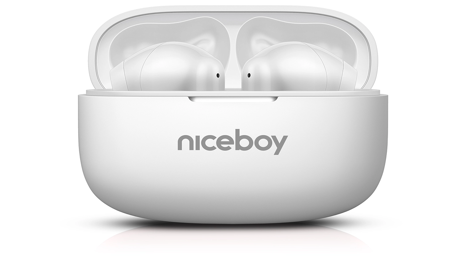 Sluchátka Niceboy Beans 5 PRO White v pouzdře – přední pohled