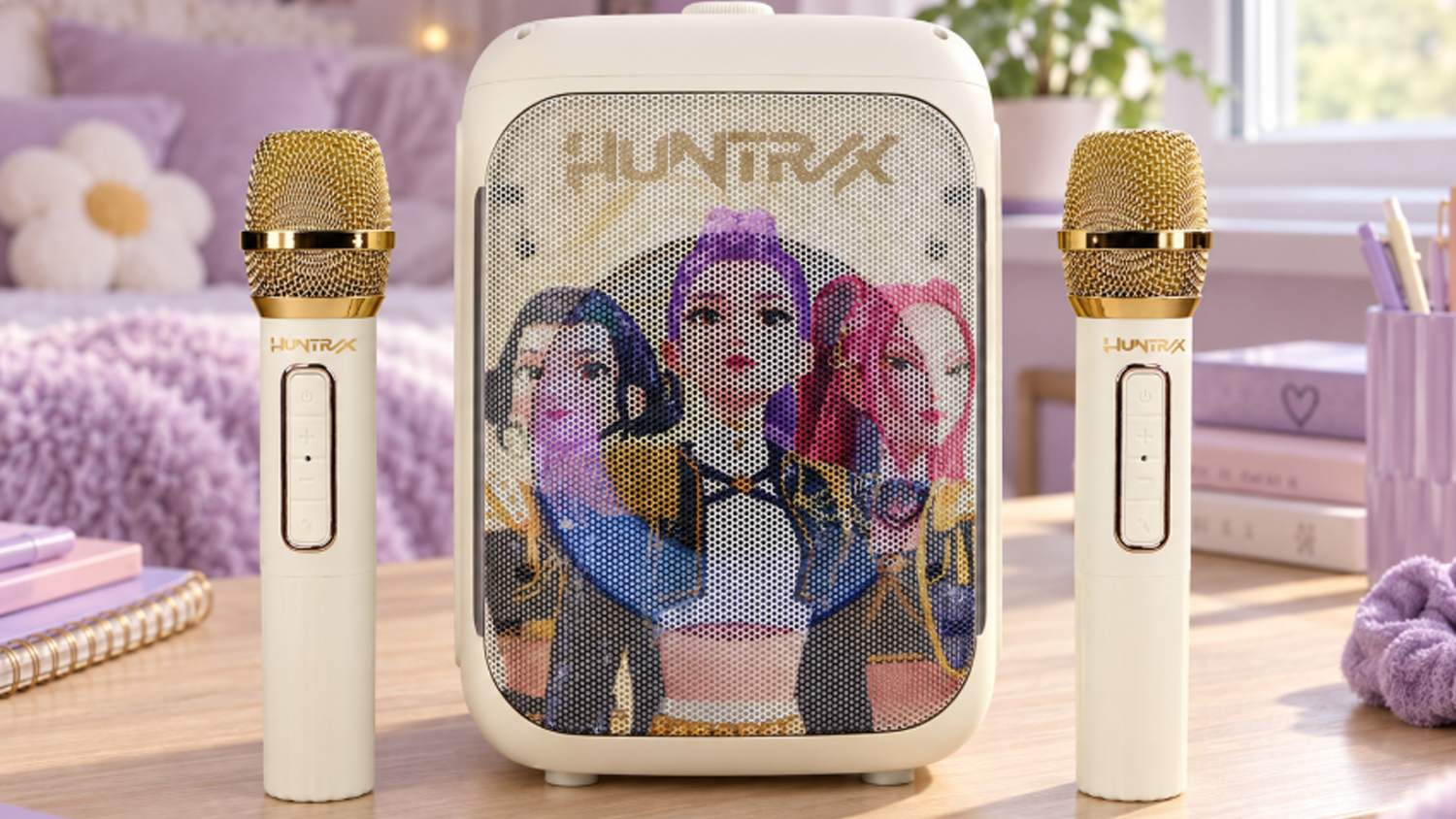 Karaoke sestava OTL K-POP DEMON HUNTERS GOLDEN se dvěma mikrofony na stole v dívčím pokoji