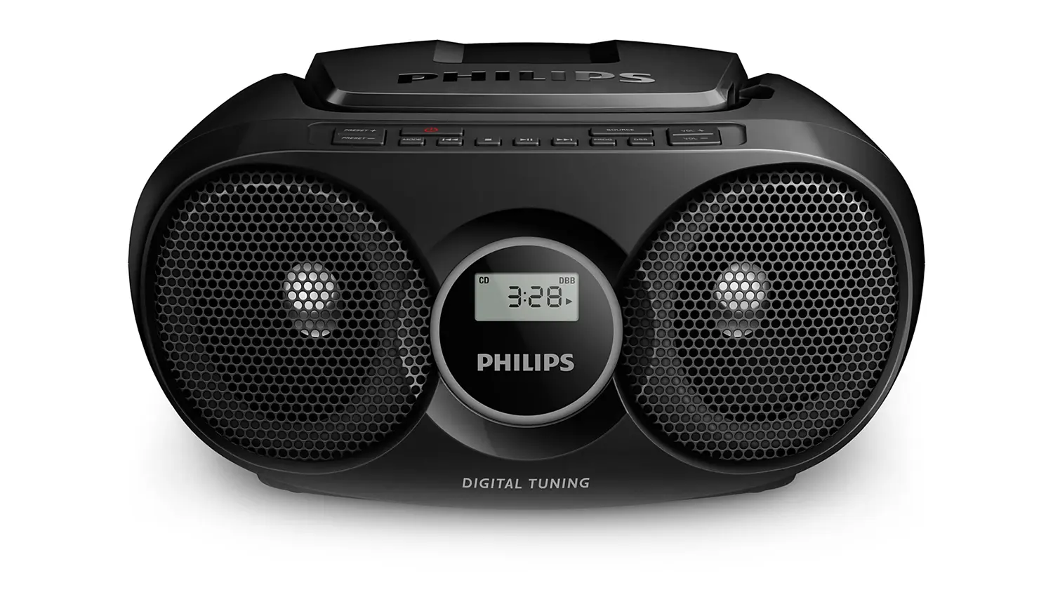 Čeln&yacute; pohľad na prenosn&eacute; CD r&aacute;dio Philips AZ215B/12 zobrazuj&uacute;ci panel s CD mechanikou a ovl&aacute;dac&iacute;mi prvkami.