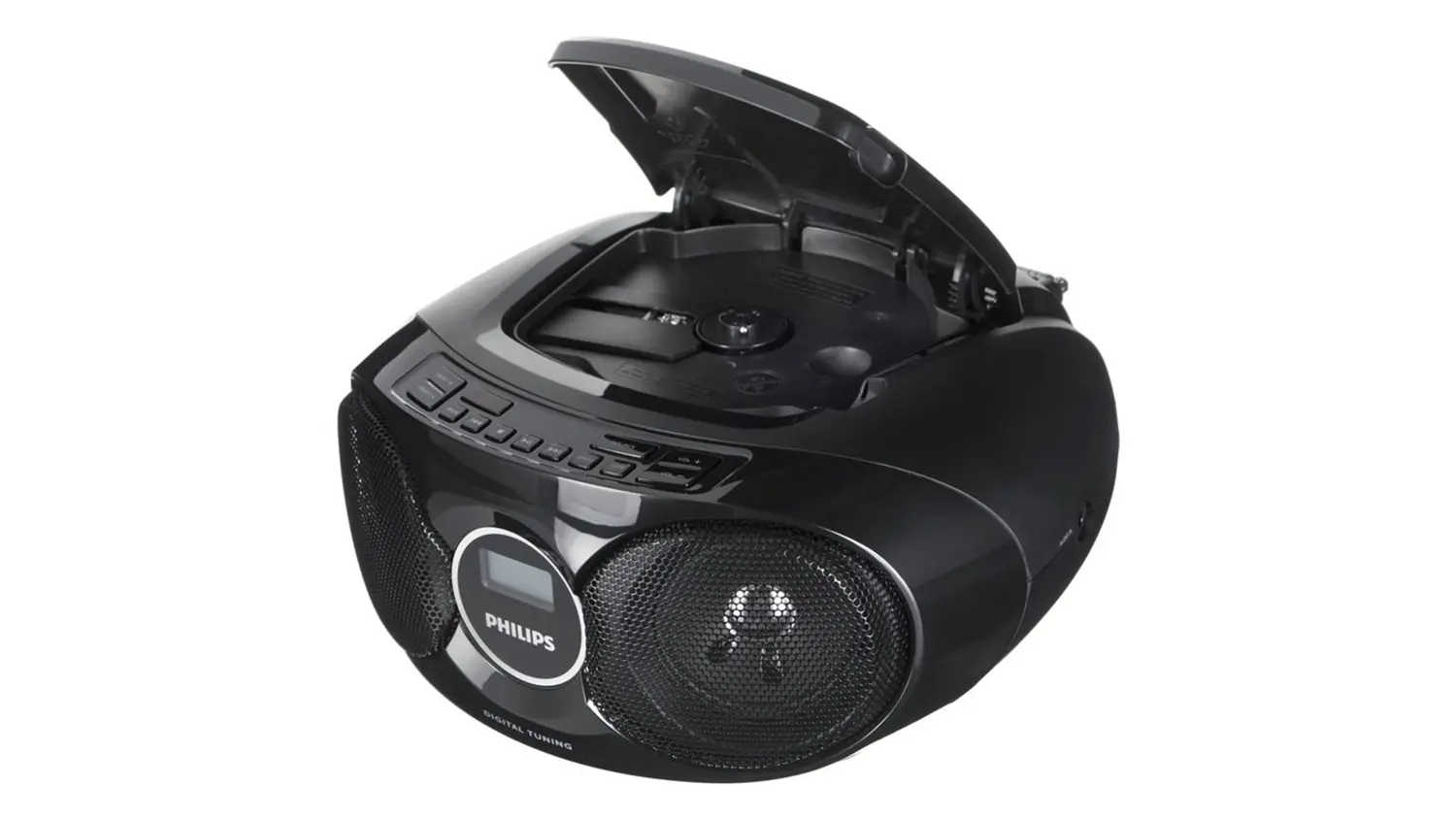 Pohľad na prenosn&eacute; CD r&aacute;dio Philips AZ215B/12 s otvoren&yacute;m krytom CD prehr&aacute;vača.