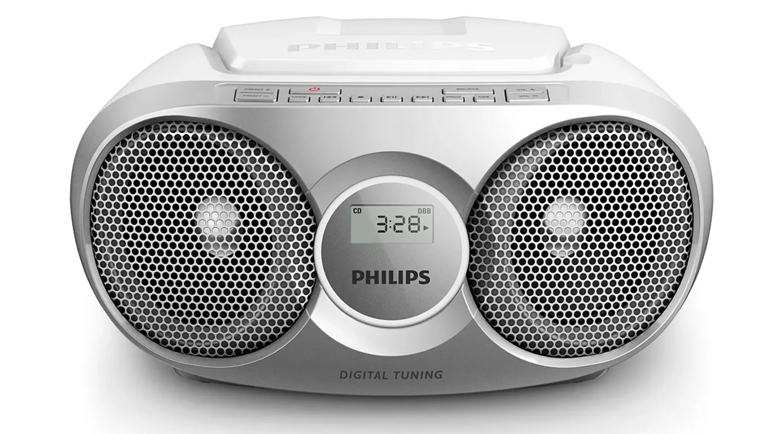 Pohľad na r&aacute;diomagnetof&oacute;n Philips AZ215S/12 zobrazuj&uacute;ci kompaktn&eacute; prevedenie s CD mechanikou a ovl&aacute;dac&iacute;mi prvkami.