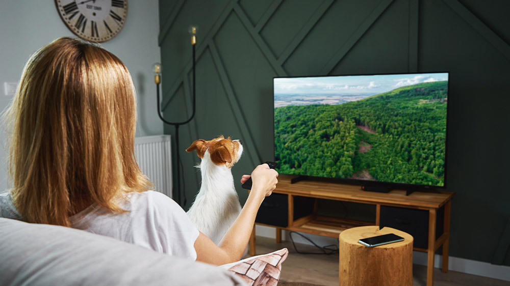 Žena sleduje film na LED 4K TV Philips 50PUS7409/12 EW_03