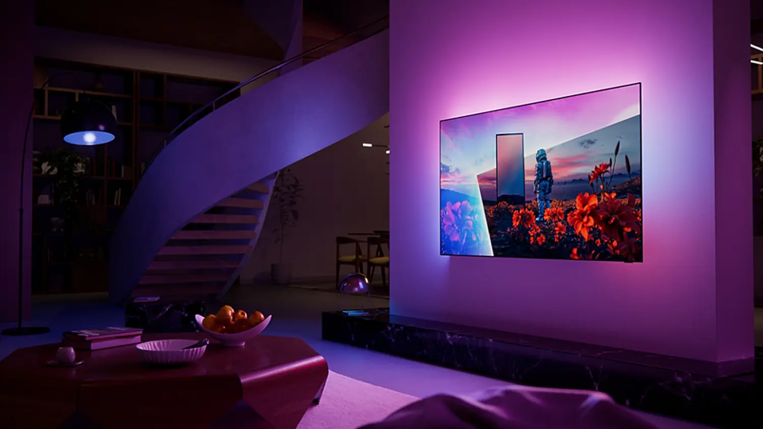 OLED televize Philips 65OLED811/12 Ambilight na stěně v ob&yacute;v&aacute;ku