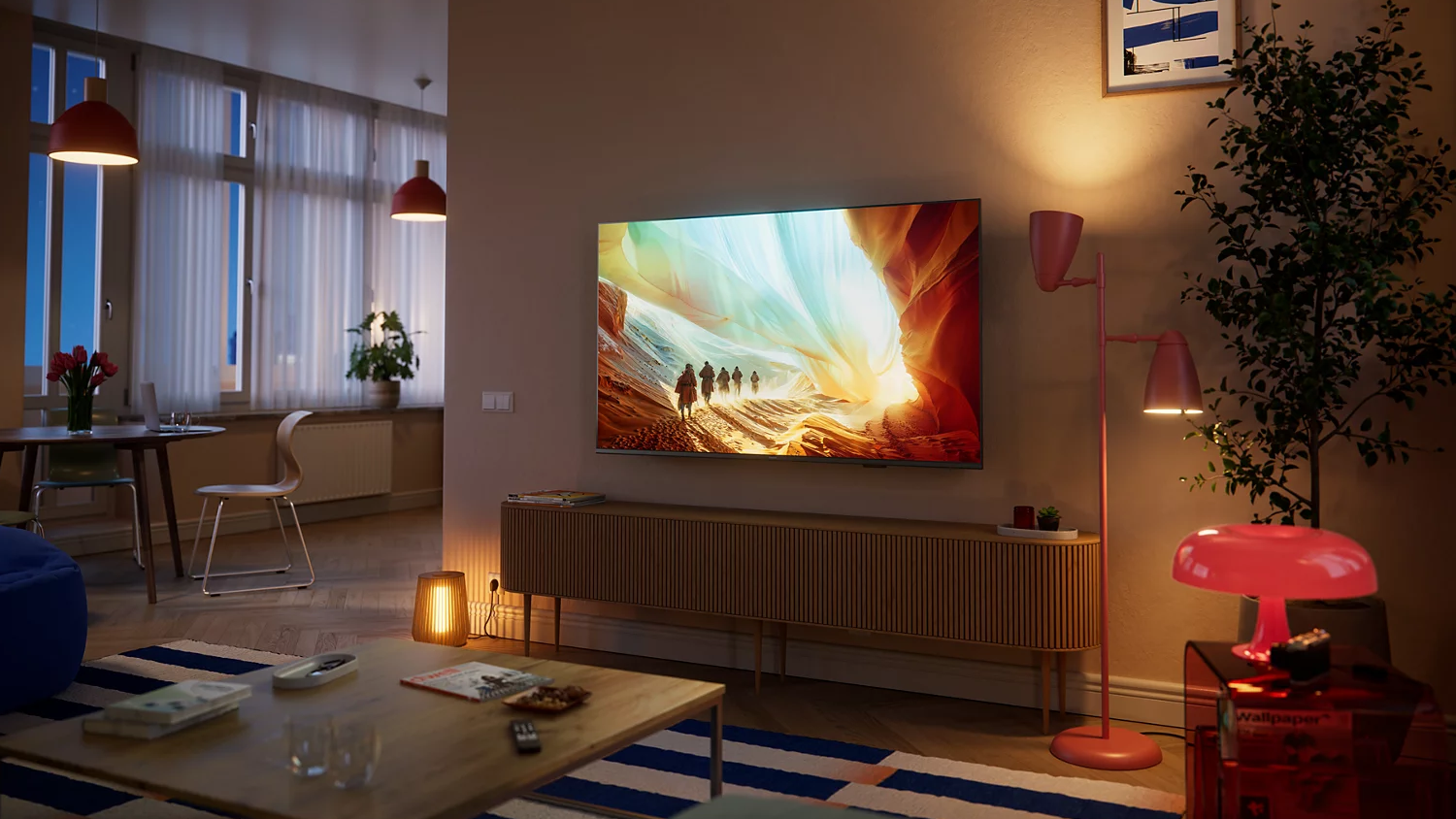 4K QLED televize Philips 55PQS7801/12 v obýváku na stěně