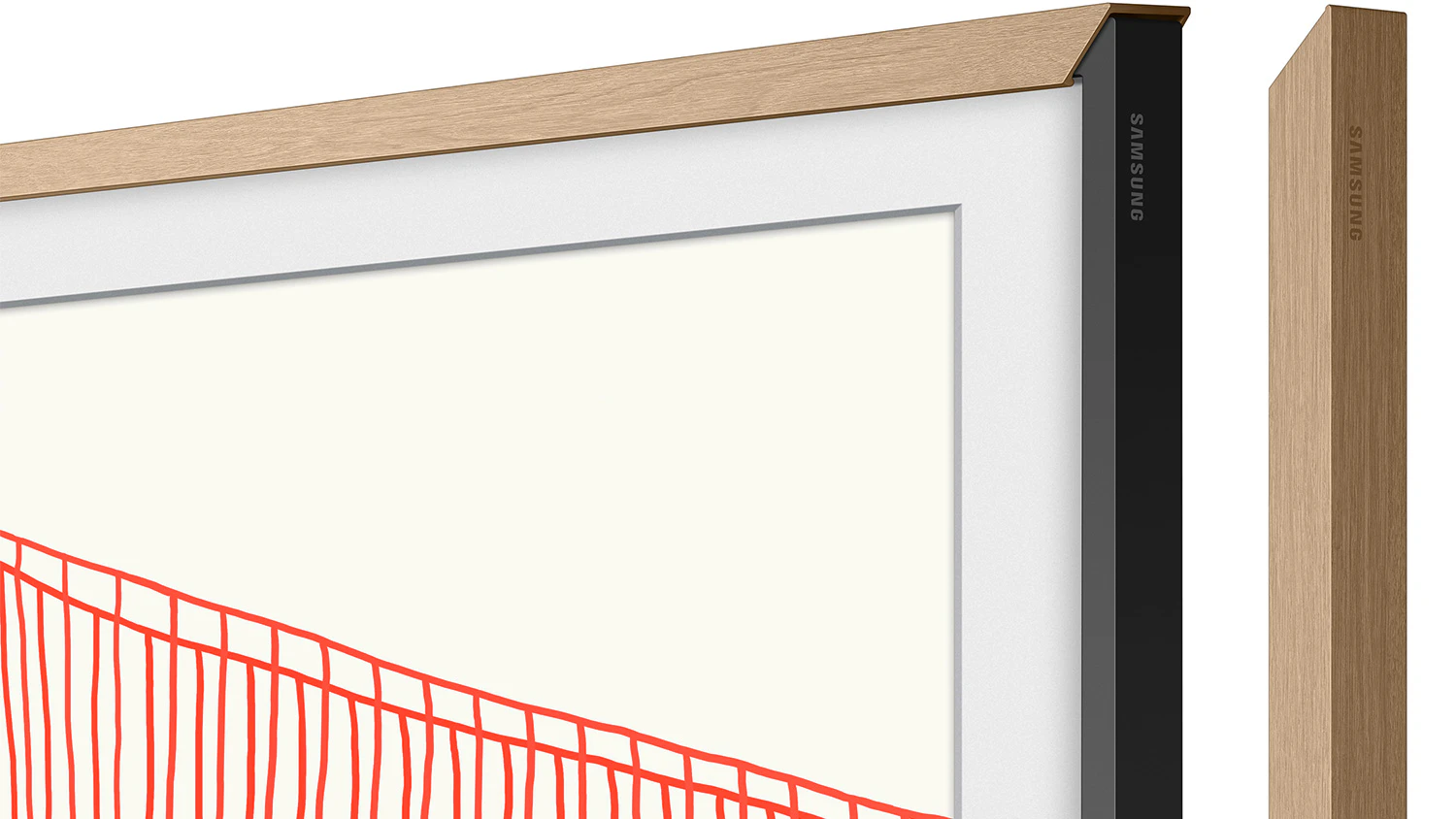 Rám TV Samsung The Frame VG-SCFA43TKB teak při instalaci na televizor s demonstrací magnetického uchycení