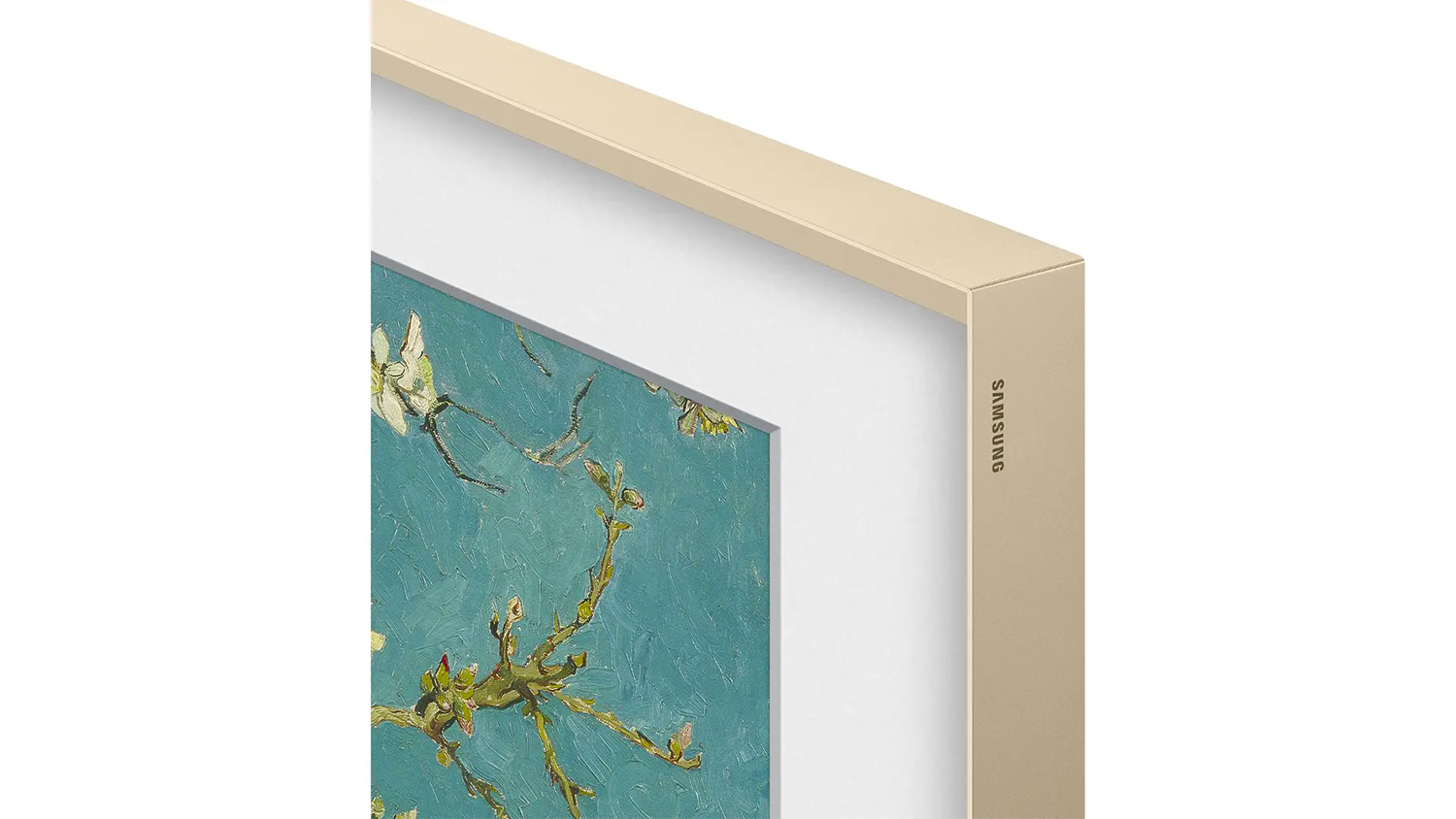 Ozdobn&yacute; r&aacute;m Samsung The Frame VG-SCFC32SGMXC p&iacute;skově zlat&yacute; na b&iacute;l&eacute;m pozad&iacute; zobrazuj&iacute;c&iacute; celkov&yacute; design