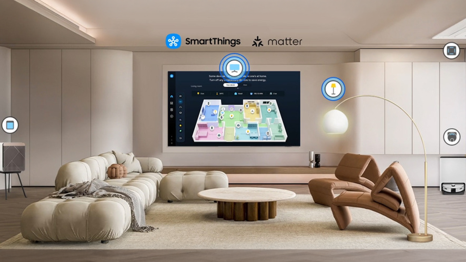 Samsung TV QE42S90F na stene v ob&yacute;vačke s vizualiz&aacute;ciou SmartThings