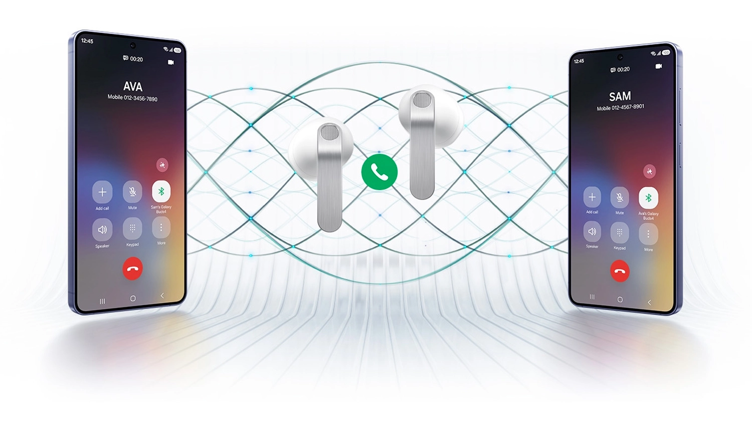 Vizualiz&aacute;cia p&aacute;rovania sl&uacute;chadiel Galaxy Buds4 a telef&oacute;nov Galaxy