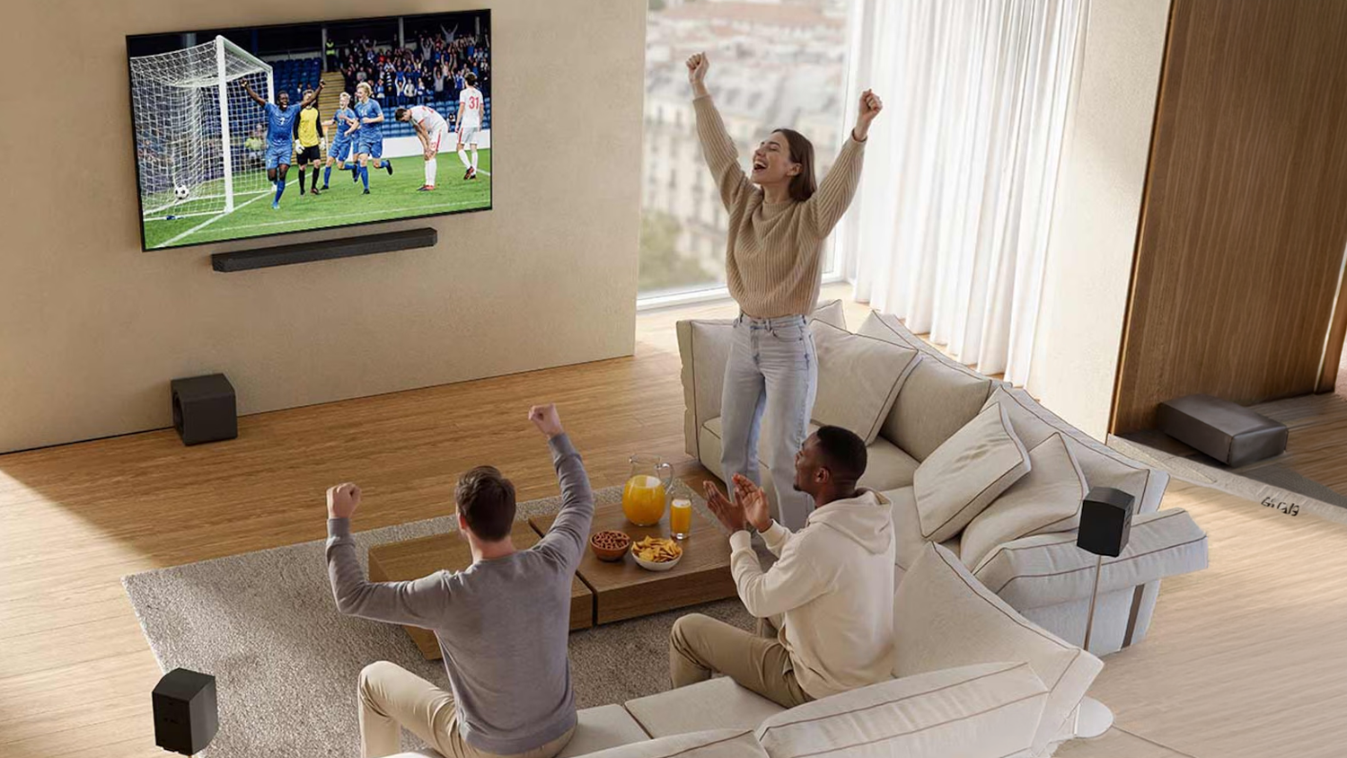 Lidé před televizí a soundbarem Samsung