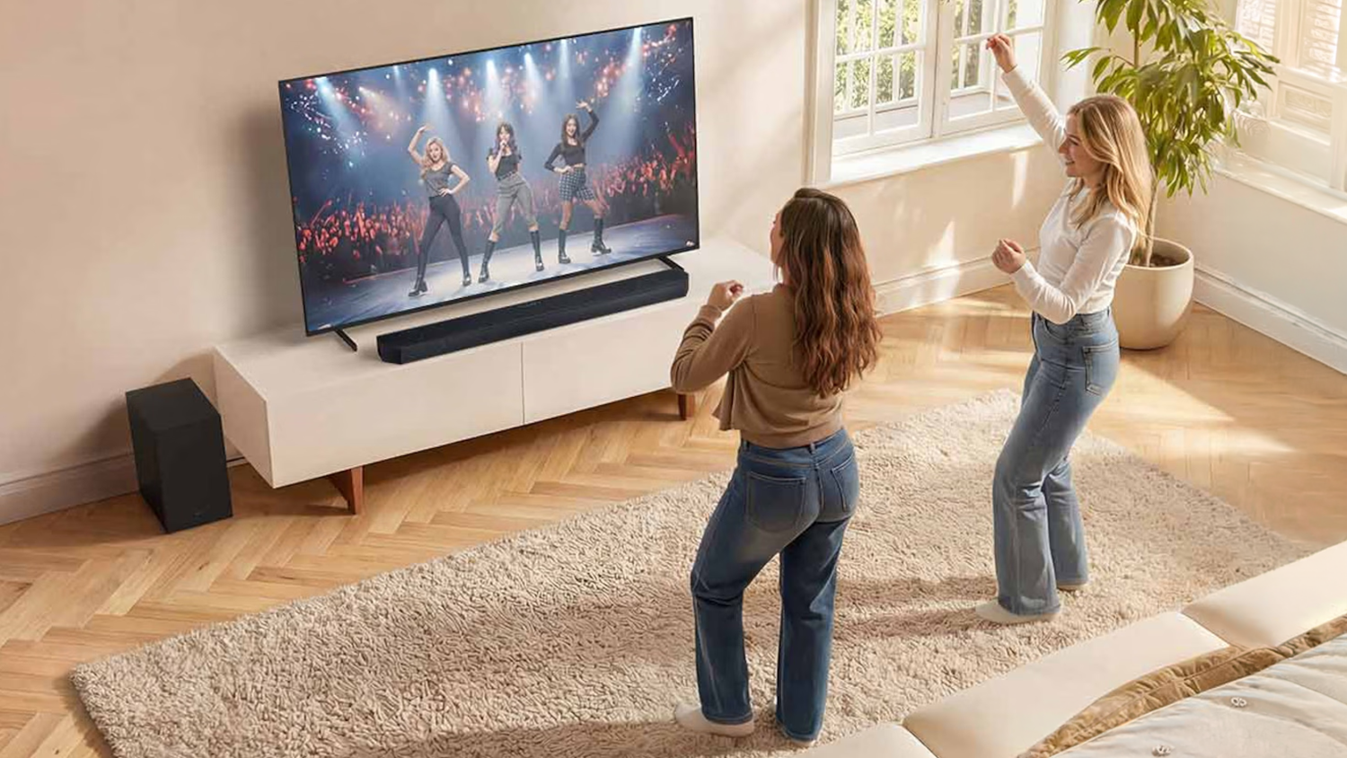 Ženy tančí před televizí a soundbarem