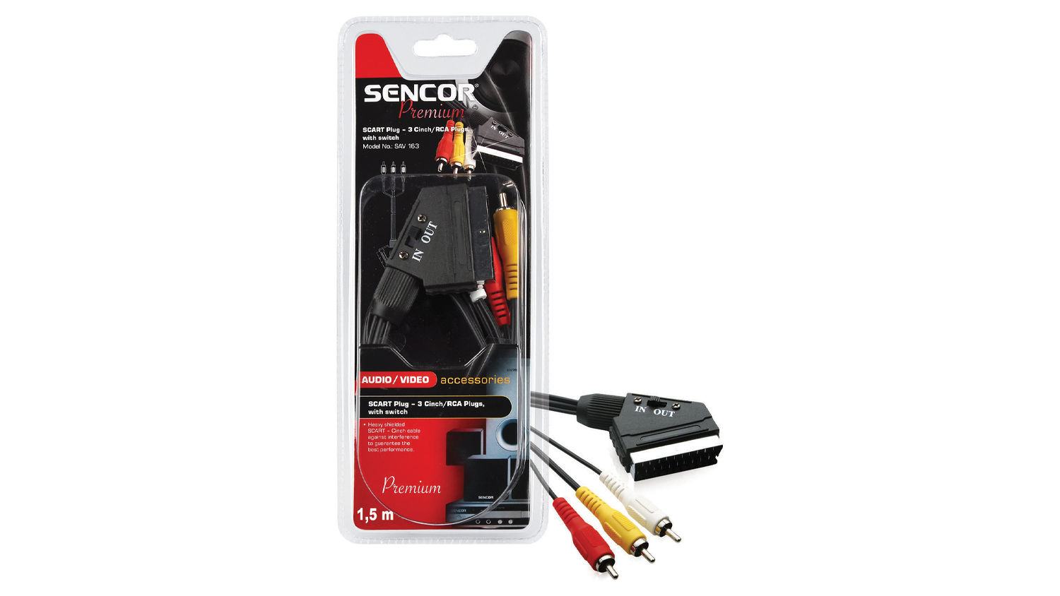 Sencor SAV 163-015 SCART cable inside its packaging on a white background