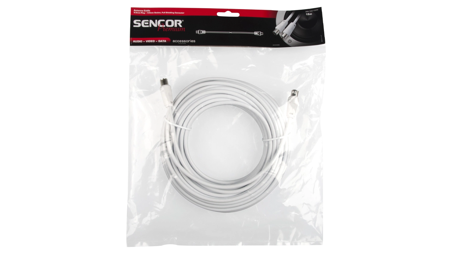 Anténní koaxiální kabel Sencor SAV 109-150W white na bílém pozadí zobrazující celkový balení produktu