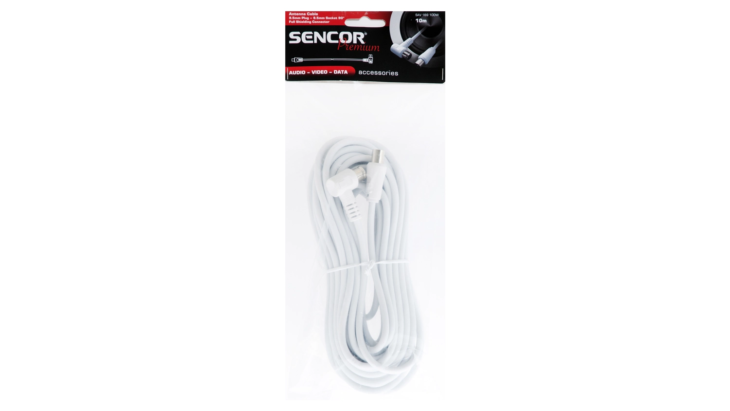 Anténní kabel Sencor SAV 169-100W na bílém pozadí zobrazující celkový design balení produktu
