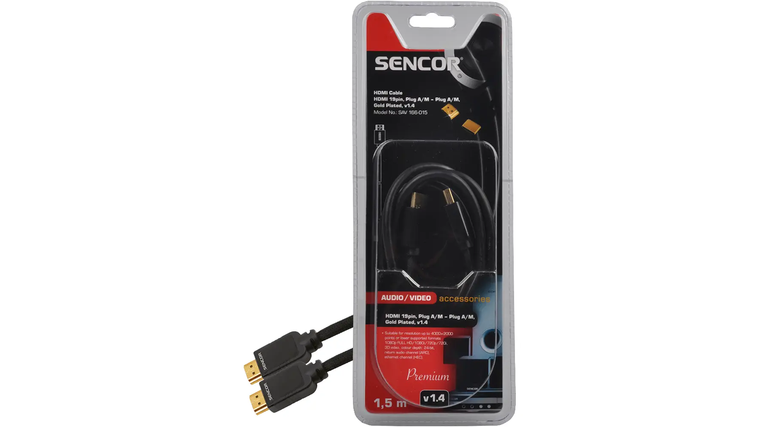 HDMI k&aacute;bel Sencor SAV 166-015 Premium HDMI 1.4 na bielom pozad&iacute; zobrazuj&uacute;ci celkov&yacute; dizajn a konektory