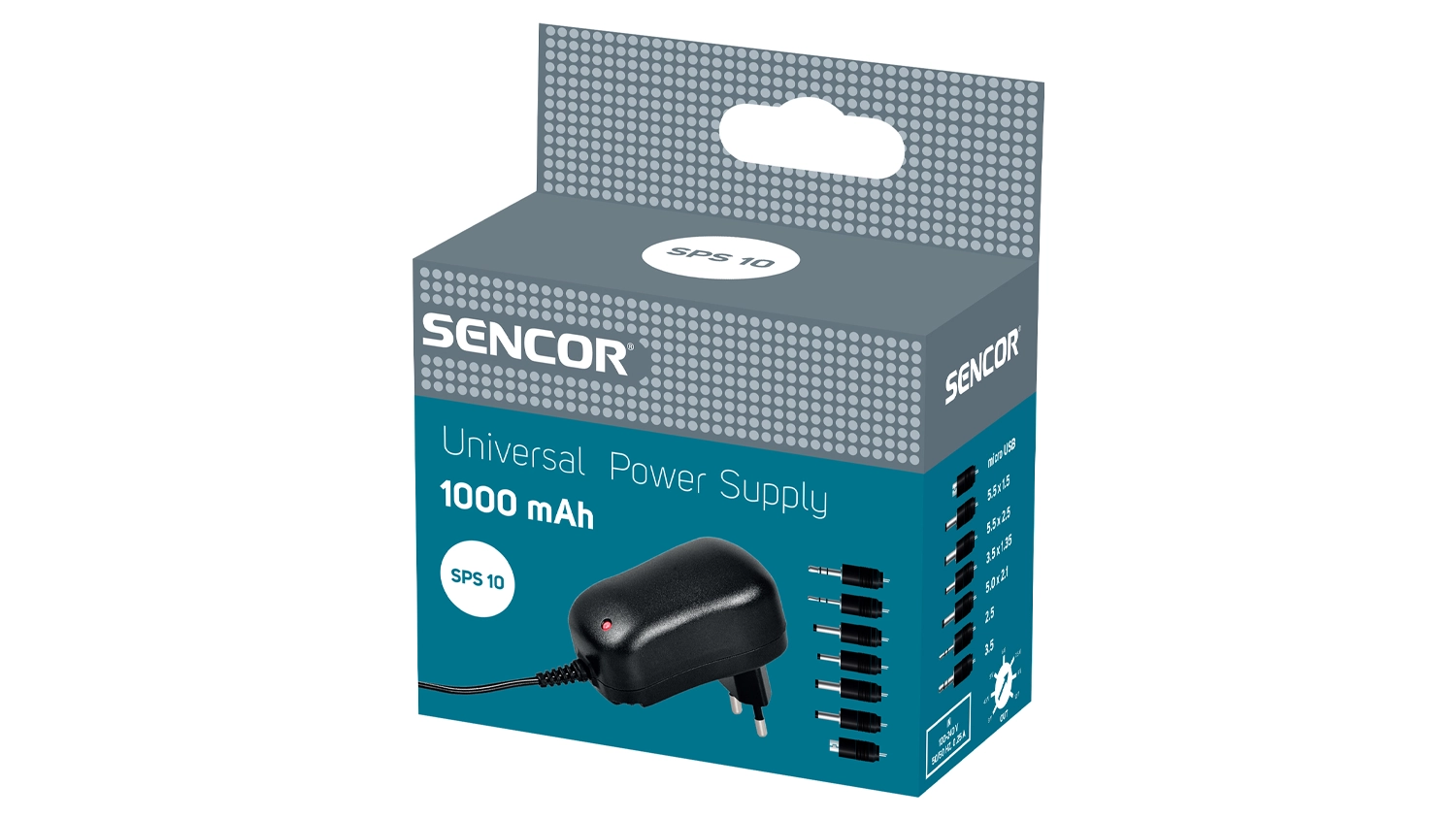 Univerz&aacute;ln&iacute; nap&aacute;jec&iacute; adapt&eacute;r Sencor SPS 10 1000 mA na b&iacute;l&eacute;m pozad&iacute; zobrazuj&iacute;c&iacute; celkov&yacute; design balen&iacute;