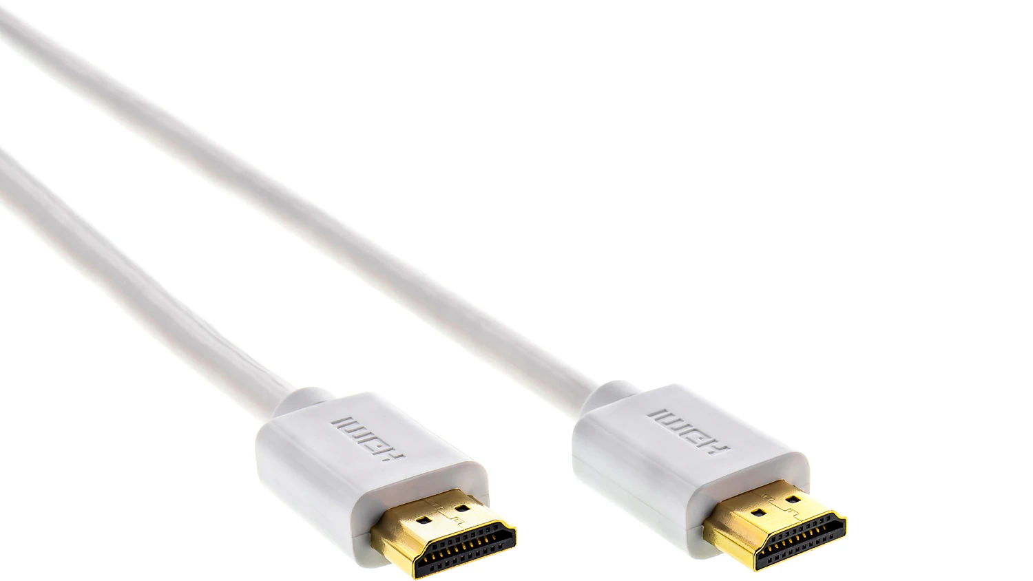 HDMI kabel Sencor SAV 267-025W v b&iacute;l&eacute;m proveden&iacute; s konektory na b&iacute;l&eacute;m pozad&iacute; zobrazuj&iacute;c&iacute; celkov&yacute; design kabelu