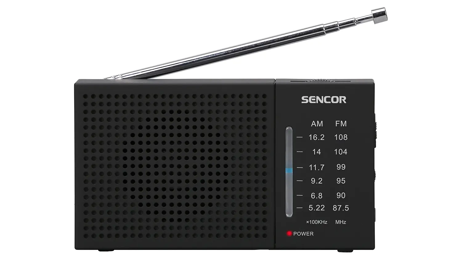 Prenosn&eacute; r&aacute;dio Sencor SRD s kompaktn&yacute;m dizajnom s ovl&aacute;dac&iacute;mi prvkami a teleskopickou ant&eacute;nou.