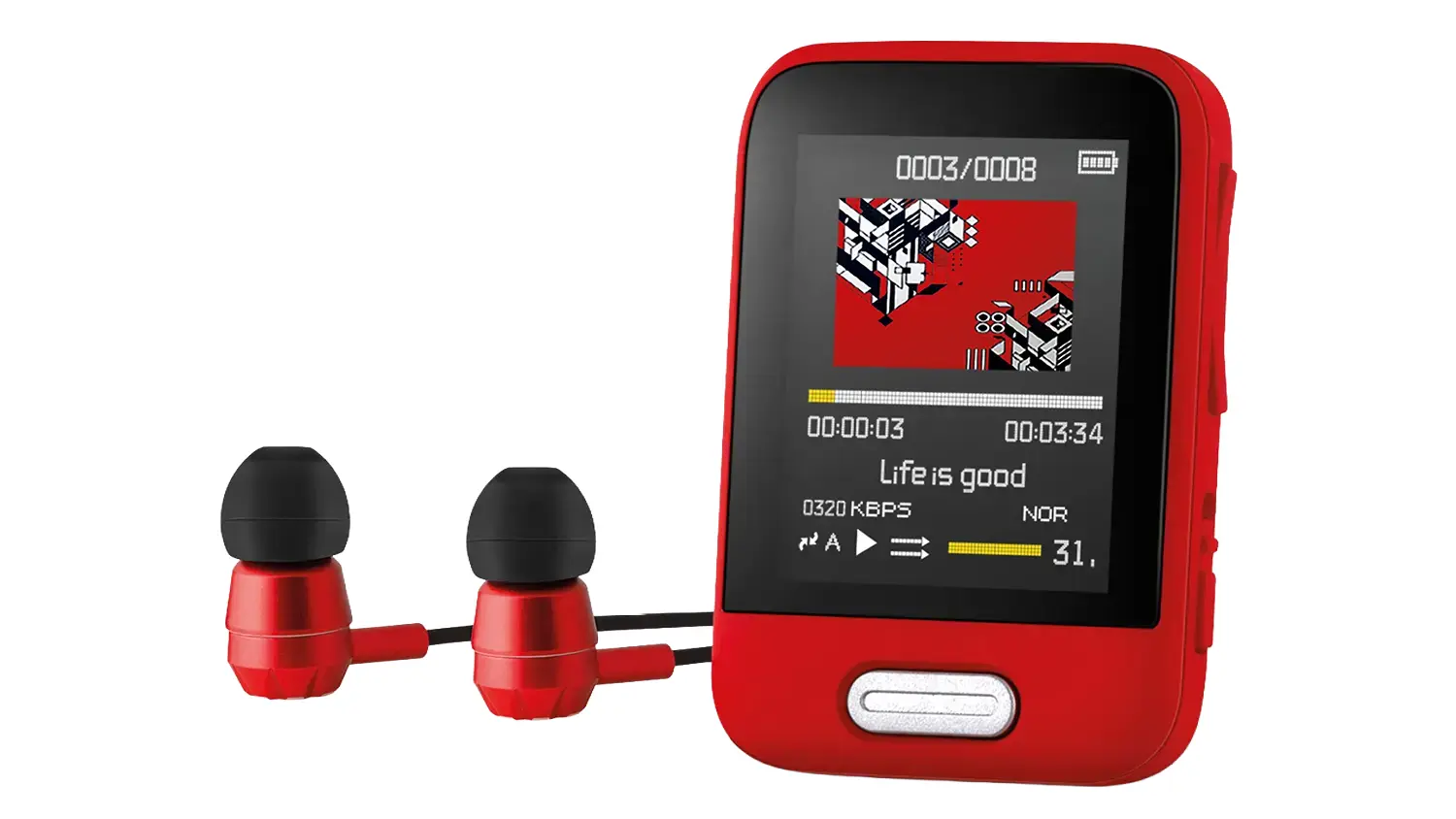 Predný pohľad na prehrávač MP3/MP4 Sencor SFP 7716 BK so slúchadlami.