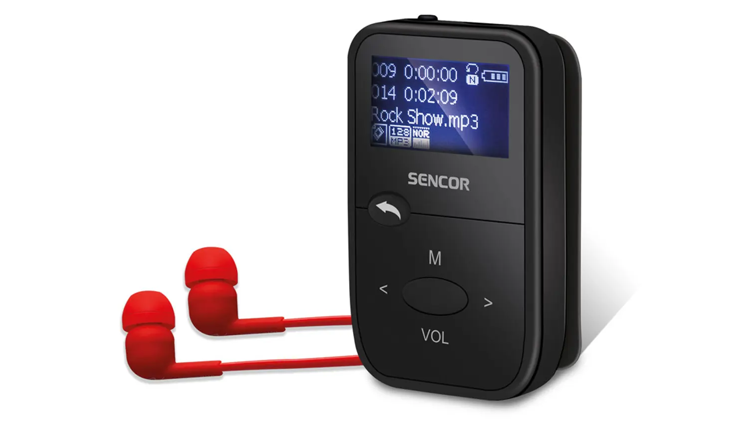 Pohľad na MP3 prehr&aacute;vač Sencor SFP 4408 BK s dod&aacute;van&yacute;mi sl&uacute;chadlami.