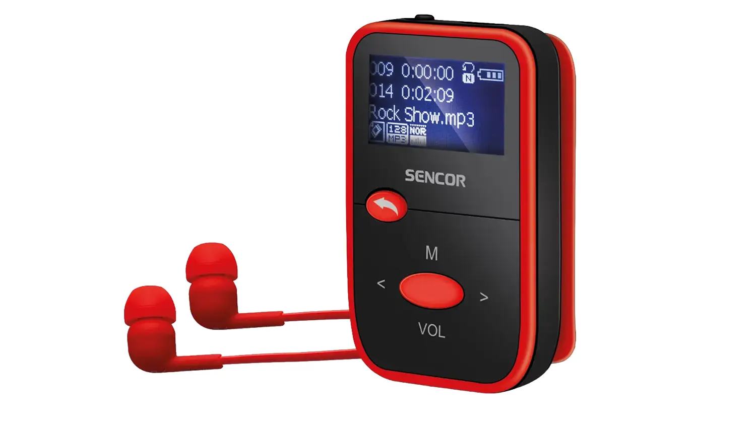 Predný pohľad na MP3 prehrávač Sencor SFP 4408 RD.