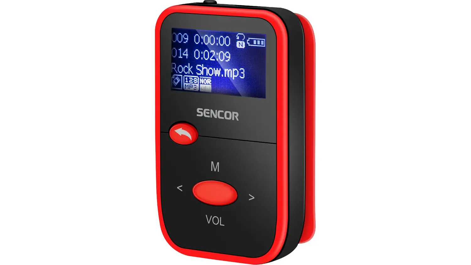 Pohľad na slúchadlá dodávané s MP3 prehrávačom Sencor SFP 4408 RD.