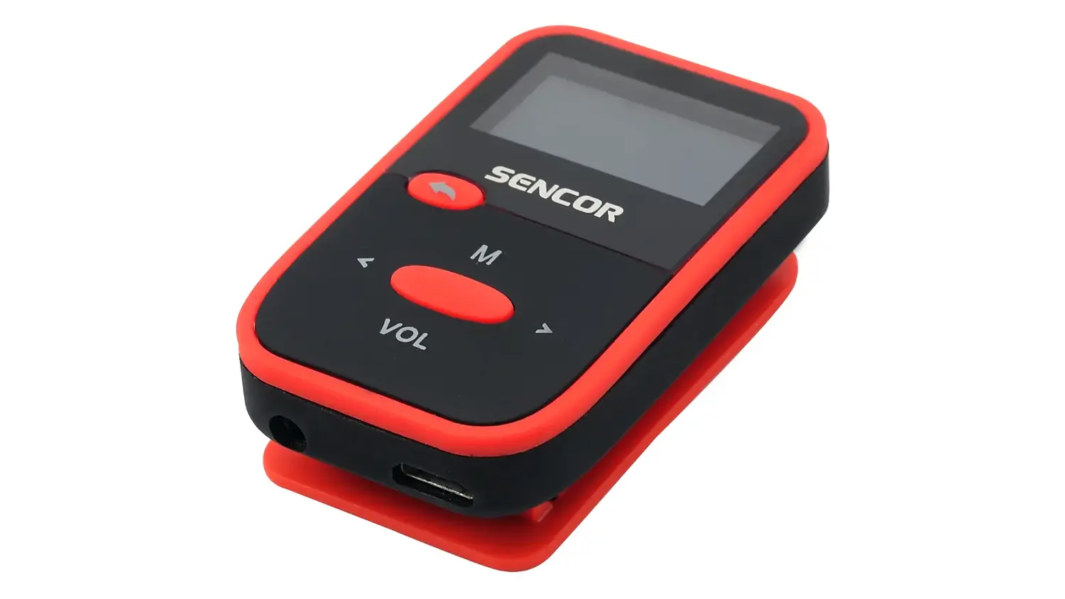 Bočný pohľad na MP3 prehrávač Sencor SFP 4408 RD.
