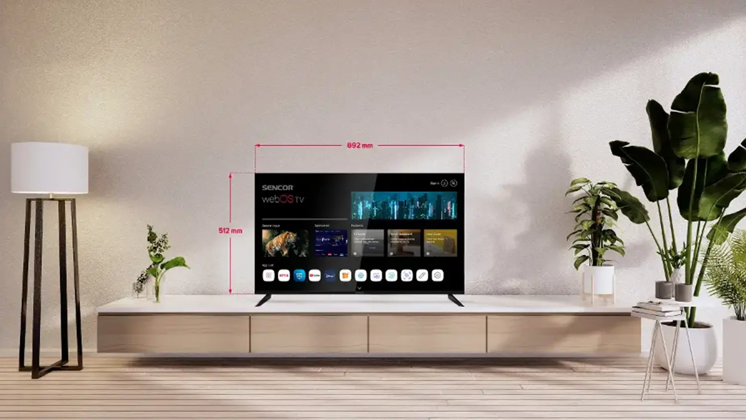 LED televizor Sencor SLE 40FS804B na komodě se zobrazenými rozměry