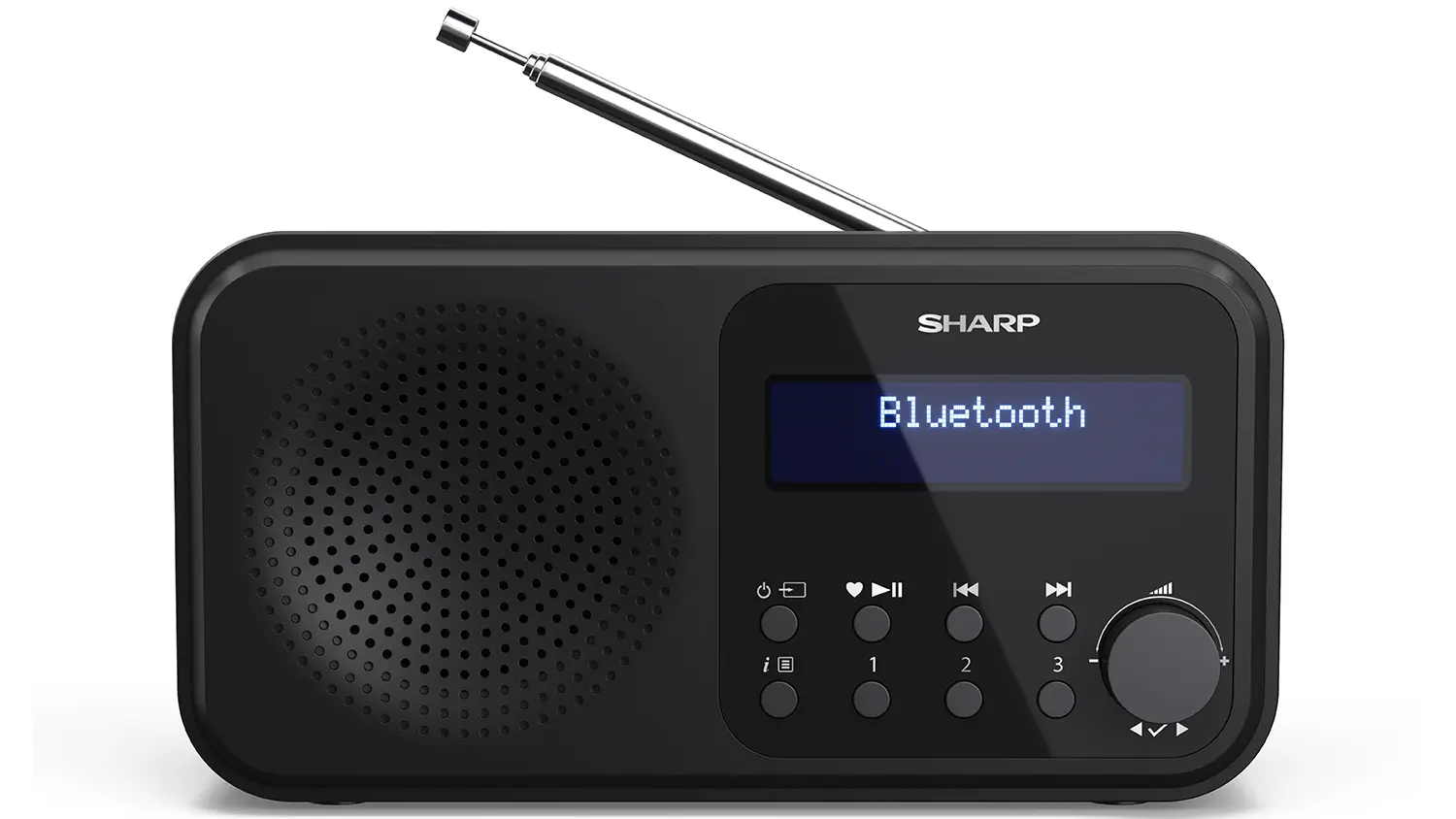 Predn&yacute; pohľad na čierne prenosn&eacute; r&aacute;dio Sharp Tokyo DR-P420BK.