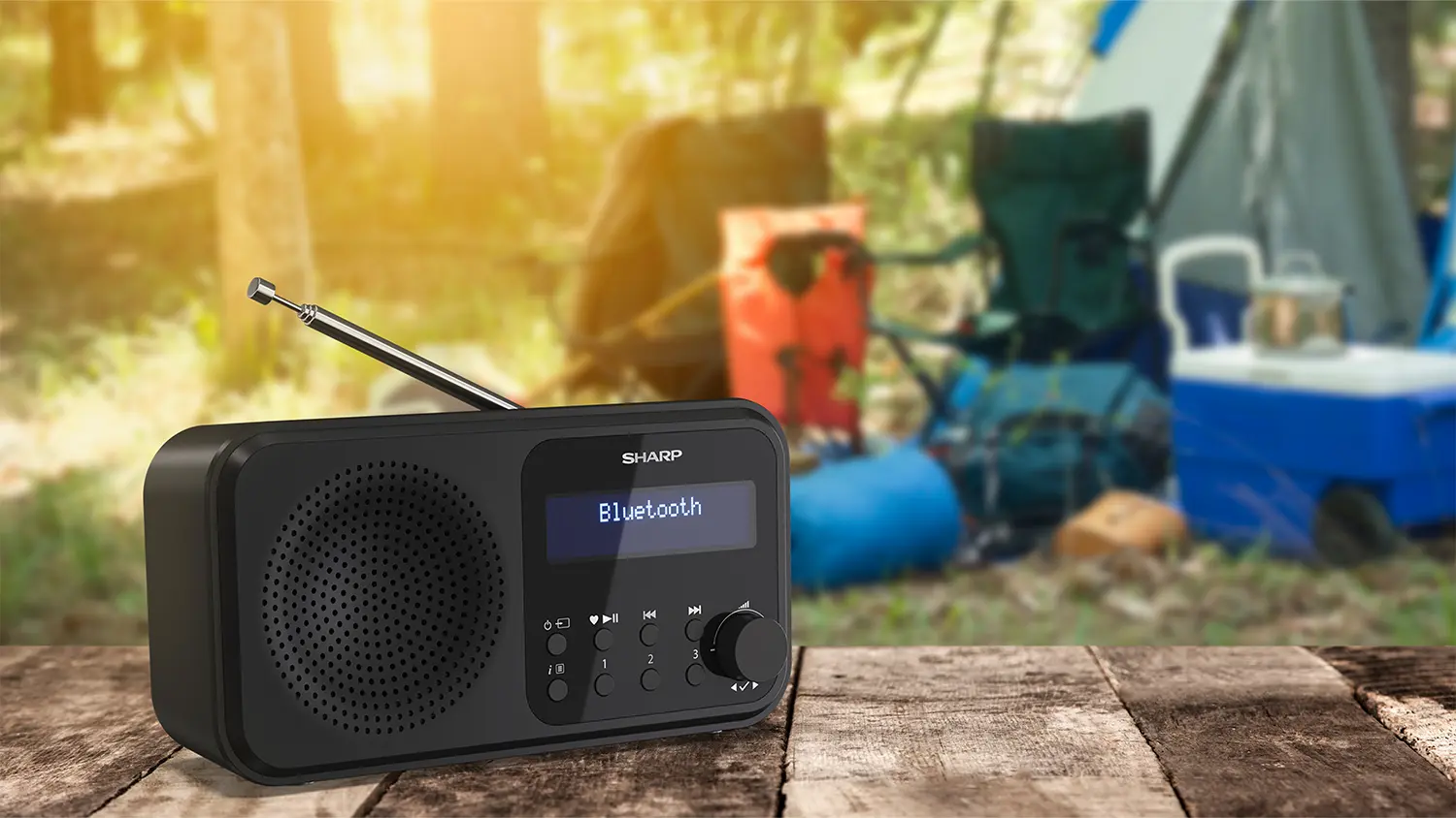 Pohľad na prenosn&eacute; r&aacute;dio Sharp Tokyo DR-P420BK v pr&iacute;rode.