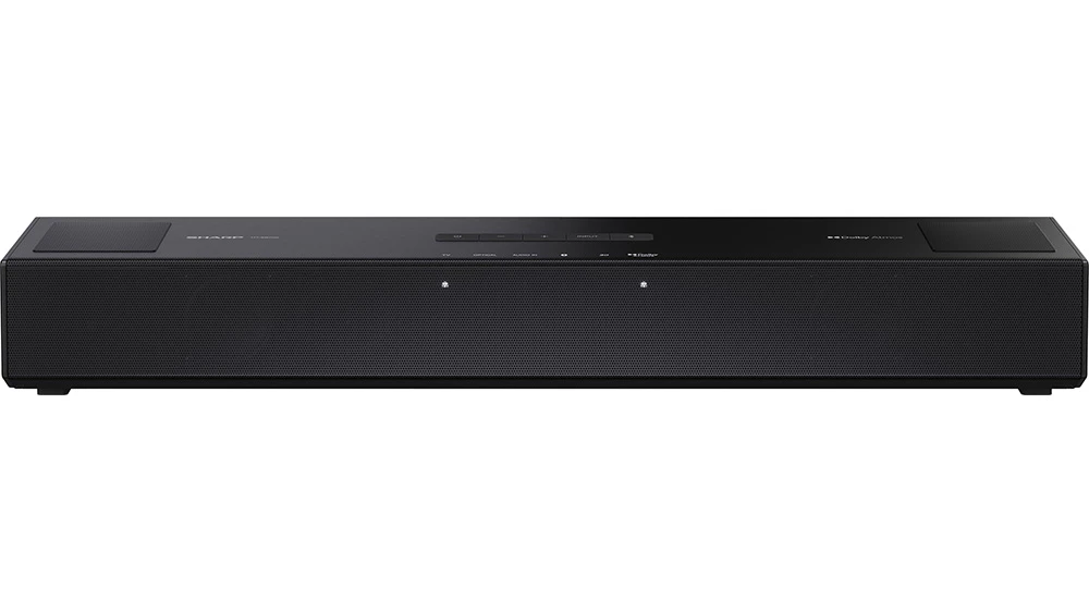 Soundbar Sharp 2.0.2 Compact Dolby Atmos HT-SB700 v černém provedení na bílém pozadí zobrazující kompaktní design