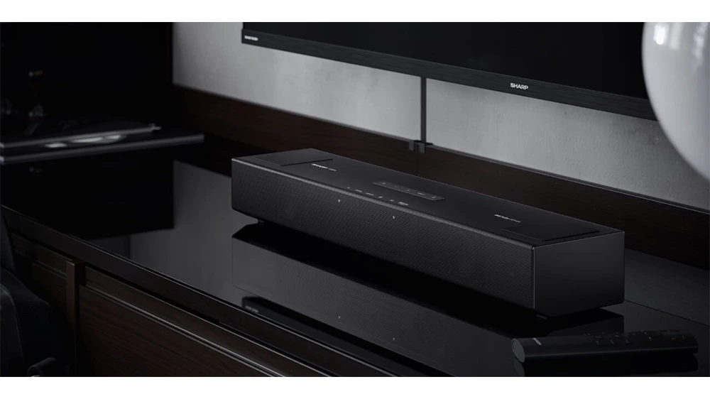 Soundbar Sharp 2.0.2 Compact Dolby Atmos HT-SB700 při přehrávání zvuku s vizualizací prostorového Dolby Atmos efektu