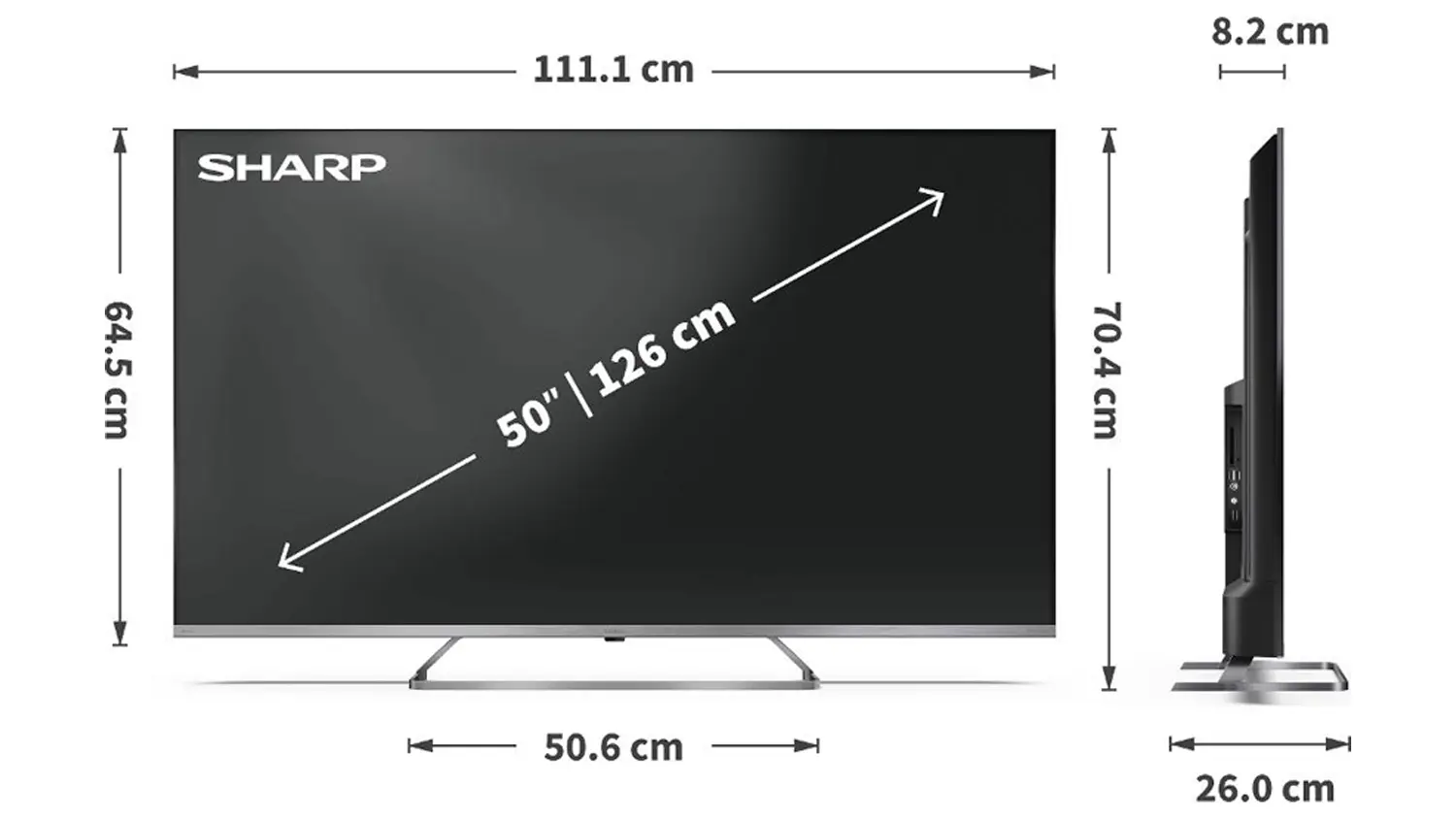 N&aacute;kres s rozměry televizoru QLED MiniLED Google TV Sharp 50JP7265E