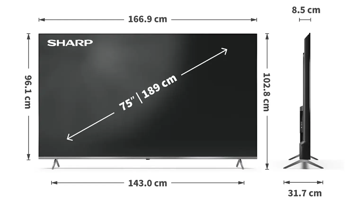 N&aacute;kres s rozměry televizoru QLED MiniLED Google TV Sharp 75JP7265E
