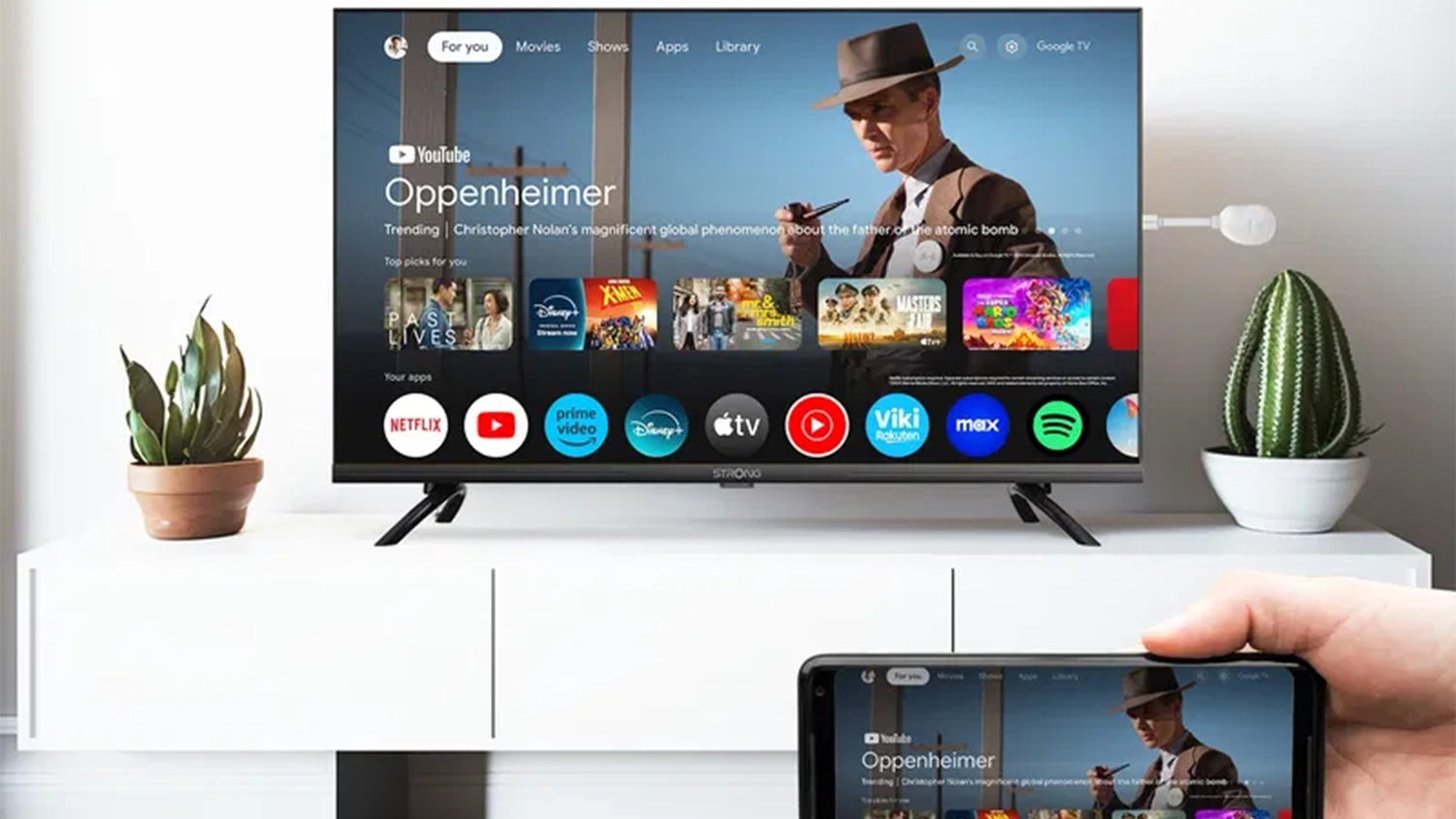 MM centrum Strong LEAP-NEVE zapojené v televízore a prepojené s telefónom