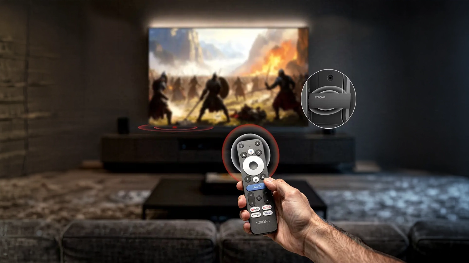 Strong 2K Google TV Stick LEAP-UNA+ prijíma signál z diaľkového ovládača