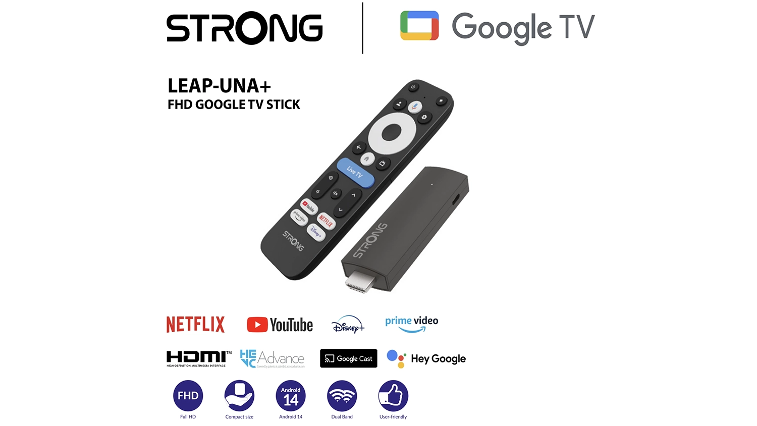 Všetky funkcie multimediálneho centra Strong 2K Google TV Stick LEAP-UNA+