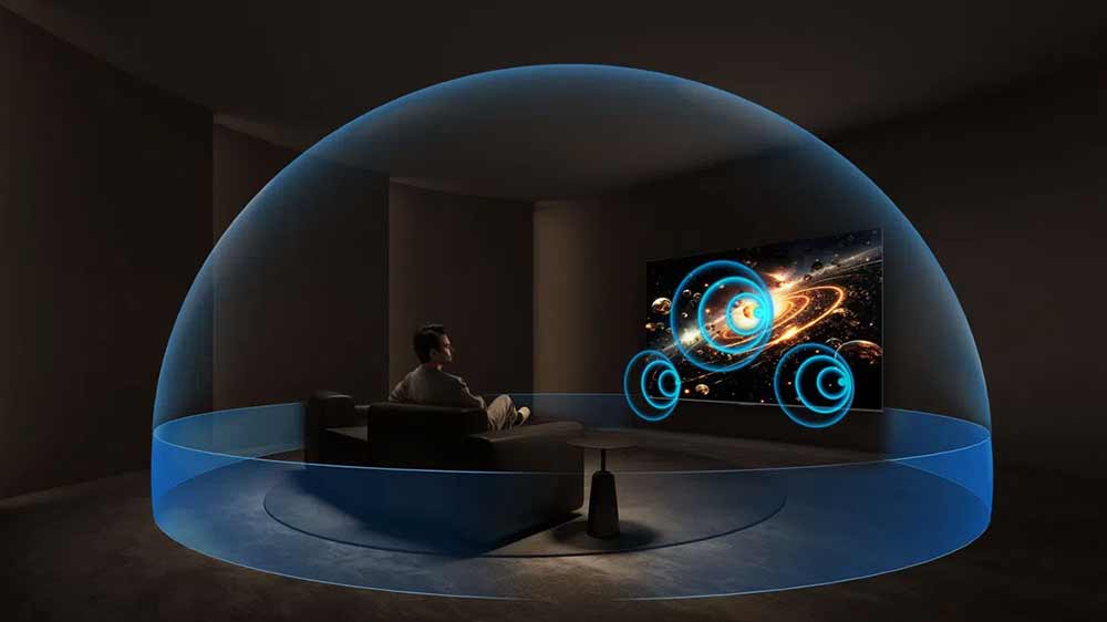 Muž sledujúci smart TV TCL a vizualizácia priestorového zvuku so zvukovým systémem ONKYO 2.1 s Dolby Atmos_05