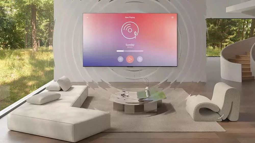 Telev&iacute;zor TCL 75C9K na stene s vizualiz&aacute;ciou zvuku