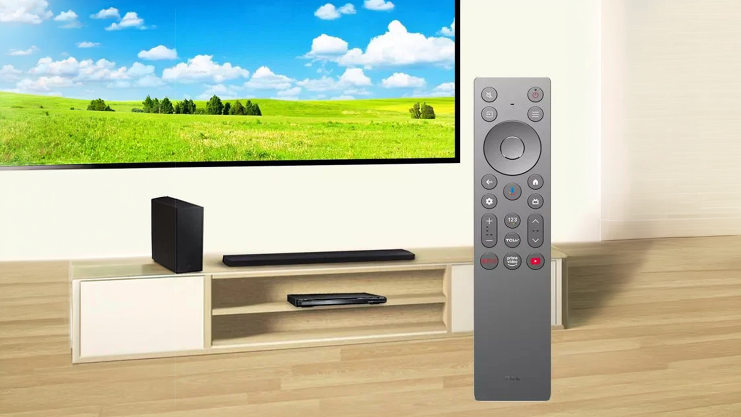 Dálkový ovladač TCL RC933A před televizí