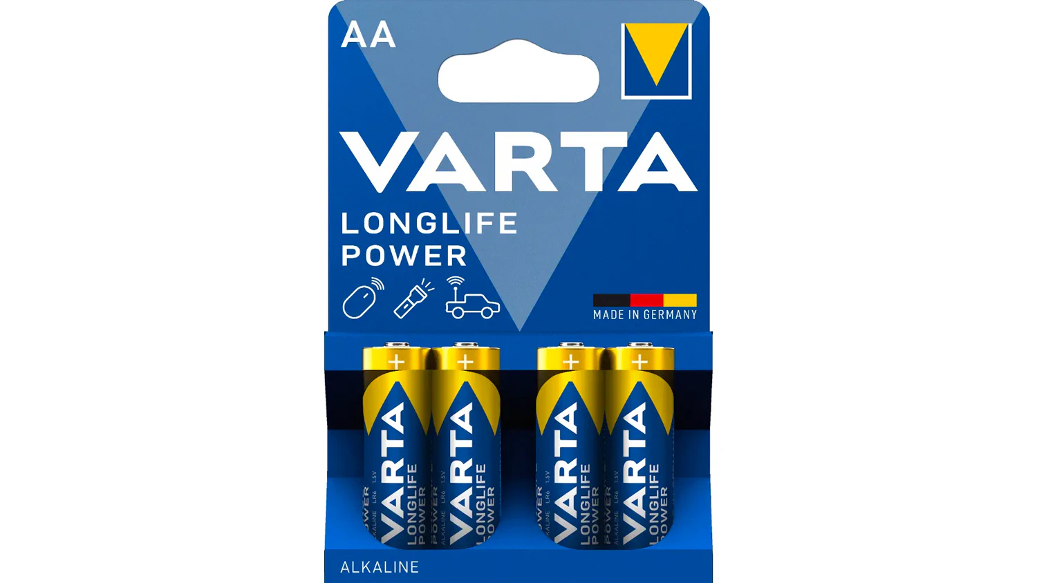 Batérie AA VARTA Longlife Power LR6 na bielom pozadí zobrazujúce celkový dizajn balenia
