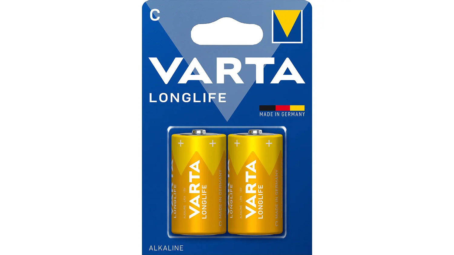 Bat&eacute;rie VARTA Longlife LR14 2-Pack na bielom pozad&iacute; ukazuj&uacute;ce celkov&yacute; vzhľad balenia