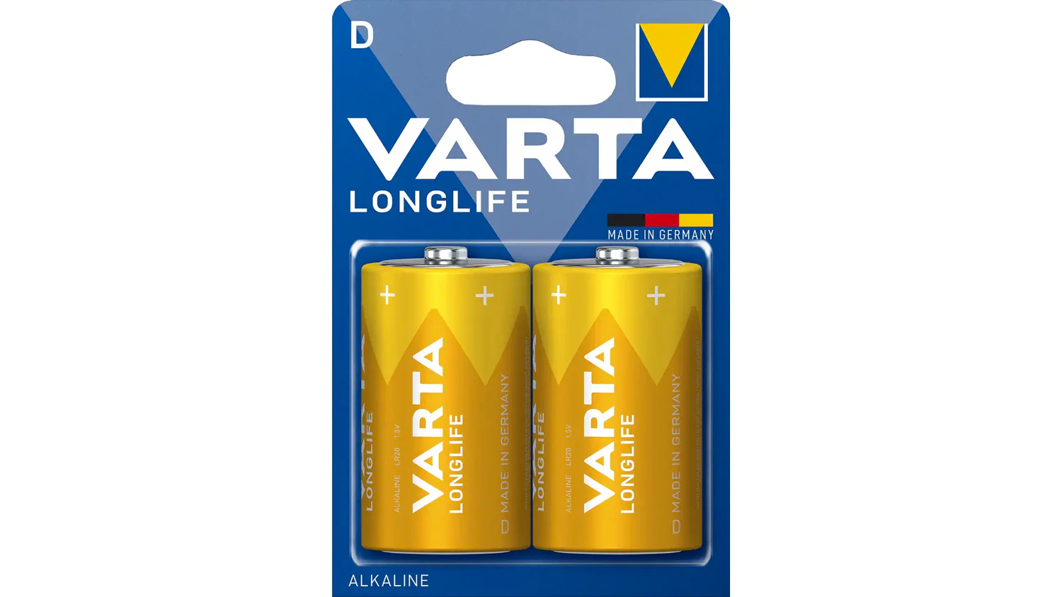 Alkalick&eacute; baterie VARTA Longlife D LR20 2 ks v origin&aacute;ln&iacute;m balen&iacute; na b&iacute;l&eacute;m pozad&iacute;