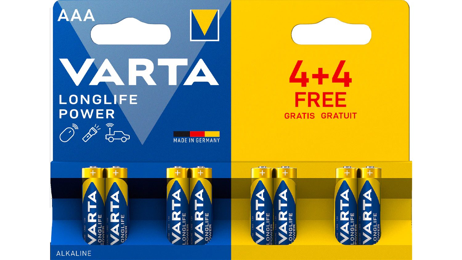 Batéria VARTA Longlife Power LR03 AAA 8ks v balení na bielom pozadí
